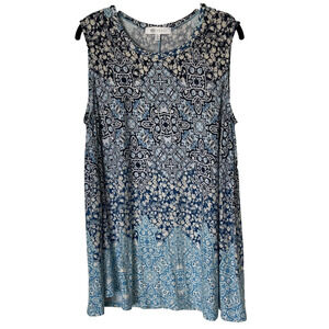 Fever Geometric Print Loose Fit Tunic Tank - Size XL - Navy, Aqua, Cream
